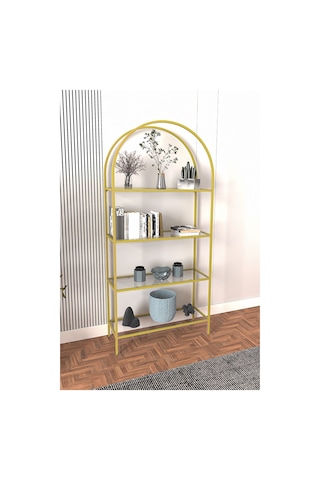 Mona Gold Kitaplık Dekoratif Aksesuar Rafı Mutfak Rafı Şeffaf Cam