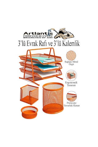 Turuncu Metal Evrak Rafı 3 Lü Ve Masaüstü Kalemlik 3 Lü 1 Paket Masaüstü A4 Dosya 3 Katlı Düzenleyici Kağıt Tepsisi