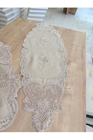 Storeşahin Salon Takımı Çeyizlik Gold Runner Set 5 Parça Keten Ranır Masa Konsol Sehpa Örtüsü Gerdan Shn0720