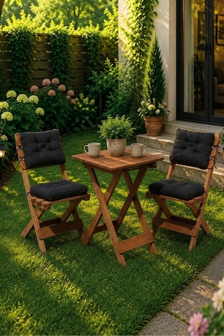Reyo Premium 3'lü Ahşap Balkon Bahçe Seti Minderli Katlanır Bistro Masa Sandalye Ceviz/Siyah