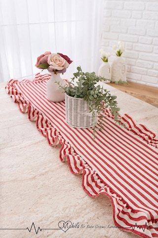 Kırmızı Çizgili 40x125 Şık Tasarım Ekstra Büyük Fırfırlı Runner, %100 Keten Runner Bej