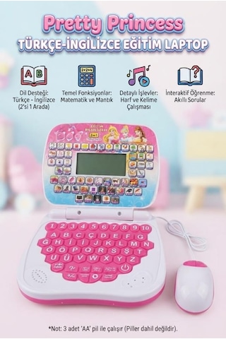 Tatlı Prensesler Eğitim Laptopum Türkçe İngilizce 100 Fonksiyonlu Eğitici Çocuk Laptopu