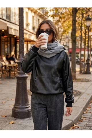 Bhrwear Kadın Uzun Kollu Kapşonlu Cepli Şardonlu Deri Bluz Renkli