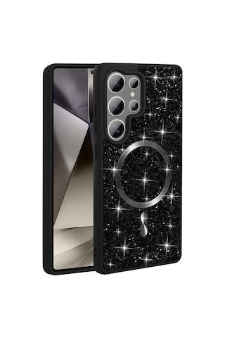 Maks Technology Galaxy Uyumlu S26 Ultra Kılıf Pırlanta Tasarımlı M-safe Şarj Özellikli Mkst Mozaik Silikon Kapak - Siyah