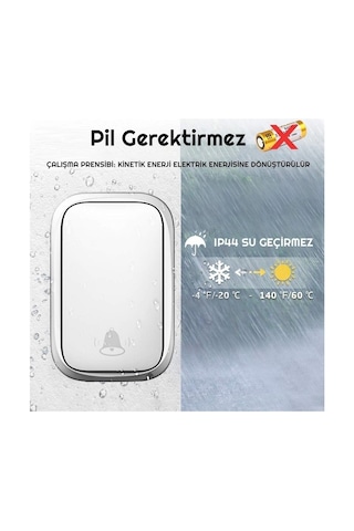 Luve Store Cacazi Kablosuz Kapı Zili Pilsiz Kinetik Buton 150 Metre Menzil 60 Melodi 5 Ses Seviyesi Beyaz