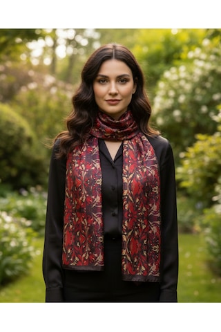 Rüzgar Kızıl Desen Şık & Zarif Kadın Aksesuarı Saten Fular 30x165cm Bordo