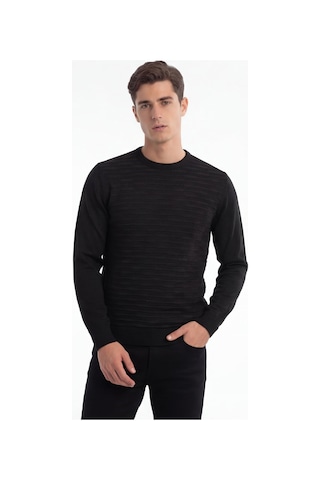 Sabri Özel Erkek Siyah Normal Kesim Regular Fit Yünlü Standart Boy Dokuma Triko Kazak