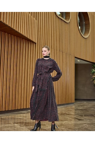 Misswhence Desenli Cupro Elbise 38829 Bordo Bordo