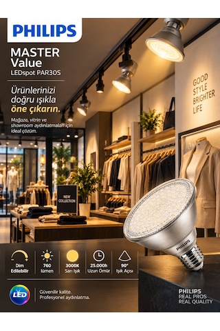 1 Adet Philips 9.5w 3000k Sarı Işık E27 Duylu 760 Lümen Dim Edilebilir Par30 Ampul