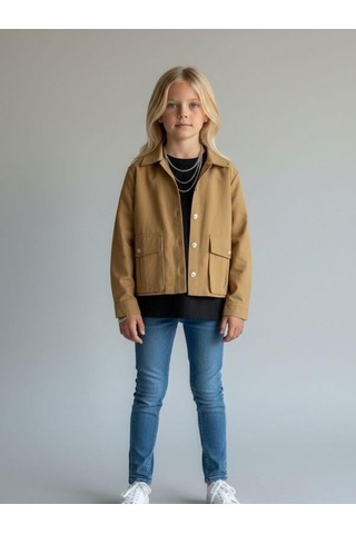 Zekids Kız Çocuk Düğme Detaylı Paraşüt Kumaş Ceket-16954 Kahverengi