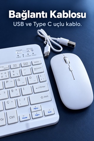 Beyaz Klavye Mouse Seti Usb Alıcılı Kablosuz Bağlantı
