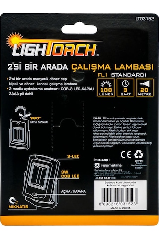 Lightorch LT03152 Pilli 2'si Bir Arada Çalışma Lambası 100 Lümen Siyah