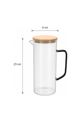 Lime - Çizgili Borosilikat Cam Sürahi 1,4 L Bambu Kapaklı Şeffaf Su Ve Meşrubat Sürahisi