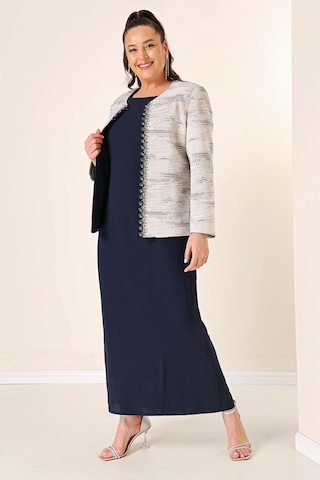 Kolsuz Uzun Elbise Taş Detaylı Jakarlı Büyük Beden Astarlı 2'li Takım-35344-lacivert Lacivert