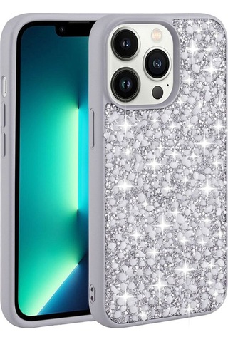 Apple Uyumlu iPhone 13 Pro Kılıf Parlak Taşlı Tasarım Zore Linea Kapak Gümüş