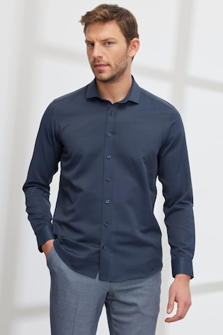 AC&Co / Altınyıldız Classics Erkek LACI Kolay Ütülenebilir Slim Fit Dar Kesim İtalyan Yaka Armürlü Gömlek Lacivert