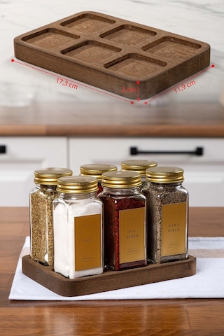 6'lı Kare Ahşap Standlı Baharatlık Gold Kapaklı-etiketli Cam Baharatlık Seti Mh01gld06k Gold - Şeffaf