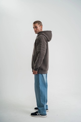 Mbb E-ticaret Erkek Nakışlı Kapüşonlu Oversize 3 İplik Pamuklu Sweatshirt Hoodie - Füme