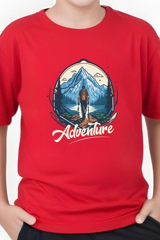 Panios Kids Adventure Baskılı Erkek Çocuk Yuvarlak Yaka Kısa Kollu T-shirt Kırmızı