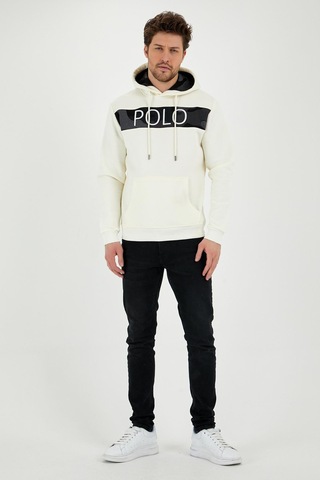 Polostate Erkek 3 İplik Pamuklu İçi Polarlı Regular Fit Nakışlı Kapüşonlu Kanguru Cepli Ekru Sweatshirt Ekru
