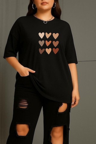 Büyük Beden Sıralı Kalpler Baskılı Unisex Tişört SIYAH