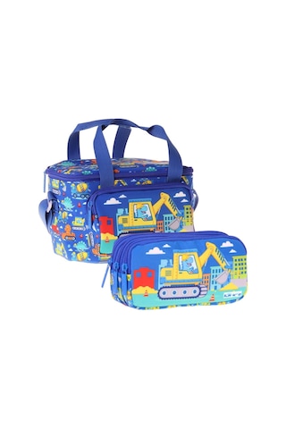 Kaukko Kids Erkek Çocuk Dinazor Ve İş Makinesi Baskılı Mavi - Sarı Thermo Beslenme Çantası Ve Kalemlik Seti - Setkk-l5370