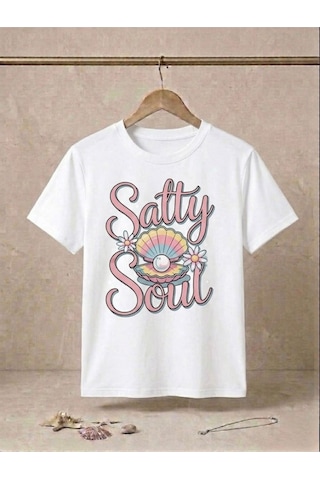 Retro İstiridye Ve İnci Baskılı Kompakt T-shirt Beyaz