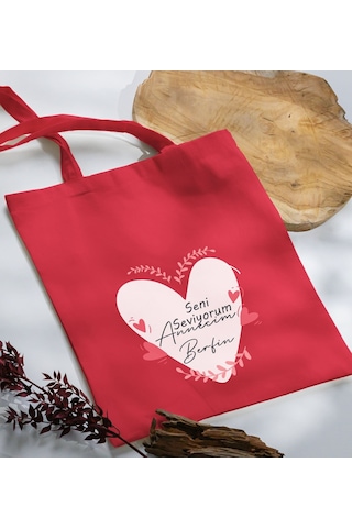 Bk Gift Kişiye Özel İsimli Anneler Günü Tasarımlı Kırmızı Kumaş Bez Çanta, Baskılı Omuz Çantası, Alışveriş Çantası, Anneler Günü Hediyesi, Anneye Hediye-10