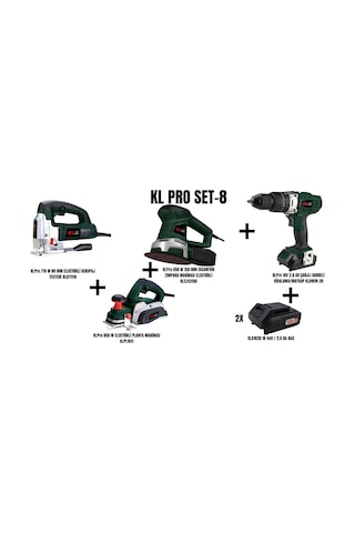 Klpro Set-8 710W 80 MM Elektrikli Dekupaj Testere + 850W Planya Makinesi + 450W 150 MM Eksantrik Zımpara + Şarjlı Darbeli Matkap