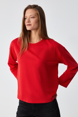 Grımelange Basıl Kadını Oversize %100 Organik Pamuk Örme Uzun Kol Kırmızı T-shirt Kırmızı