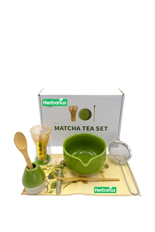 Herbarius 8 Parça Çiçek Desenli Balık Sırtı Kabartmalı Fıstık Yeşili Renk Matcha Çayı Hazırlama Seti - Geleneksel Japon Matcha Seti