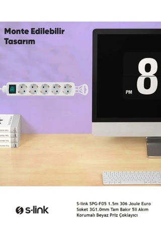 1.5mt 5'li Akım Korumalı Priz Kablolu Beyaz On/off Tuşlu Priz