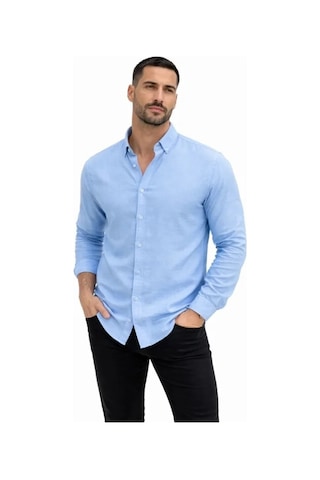 Hazego Erkek Keten Kumaş Oversize Uzun Kollu Rahat Kalıp Gömlek - Açık Mavi