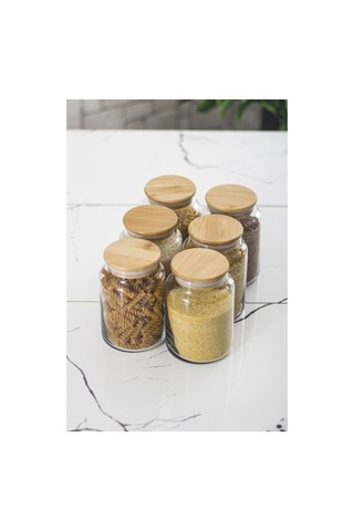 6 Lı Set Bambu Kapaklı Cam Kavanoz & Erzak Saklama Kabı 800 Ml Orta Boy Vakum Kapak Düz Renkli