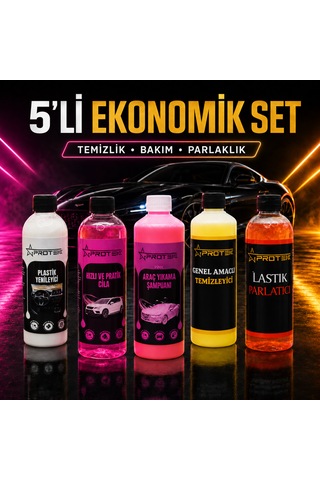 5 Li Ekonomik Araç Bakım Ve Temizlik Seti Şampuan, Hızlı Cila, Plastik Yenileyici, Genel Temizleyici Ve Lastik Parlatıcı