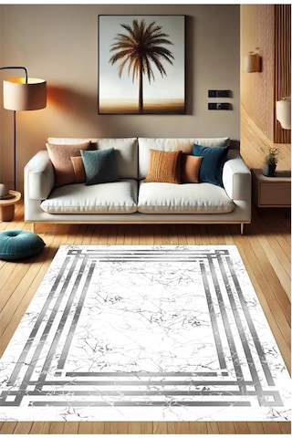 Beyaz Gri Dijital Baskı Salon Halısı Kaymaz Tabanlı Yıkanabilir Halı Yolluk 537 Beyaz