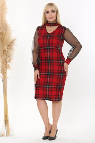 Kadın Kırmızı Siyah Ekose Desen Yaka Detay Tül Kol Büyük Beden Esnek Süet Elbise Kırmızı