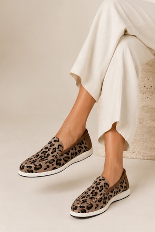 Sovenso Sunny Hakiki Deri Desert Leopar Süet Termo Taban Kahve Loafer