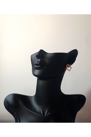 Altın Kaplama Gold Neon Mineli Mor Kare Zirkon Taşlı Minimalist K Altın
