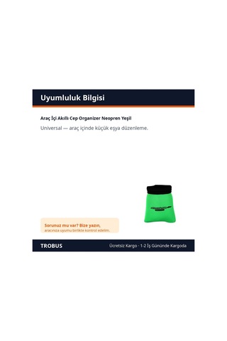 Trobus Araç İçi Akıllı Cep Organizer Neopren Yeşil