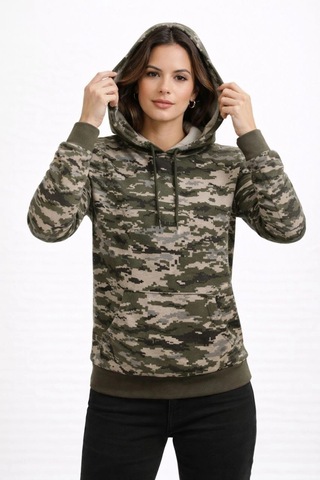 Primemagazam Kadın Kamuflaj Desenli 2 İplik 4 Mevsim Kapüşonlu Kanguru Cepli Hoodie Sweatshirt - Kamuflaj Çeşitli