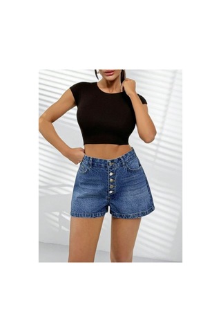Kene Jeans Patlet Düğmeli Mavi İşlemli Kot Şort Mavi İşlemli