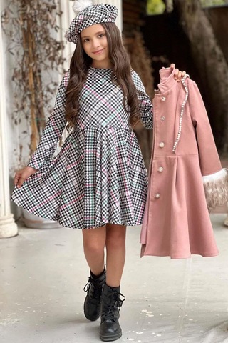 Riccotarz Kız Çocuk Kazayağı Desen Elbise Kolları Peluş Ve Omuzları İnci İşleme Kemerli Pembe Kaşe Kaban Pembe