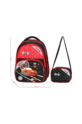 Waddell İlkokul Sırt Çantası ve Beslenme Çantası Yarış Arabası Kırmızı-Siyah