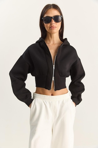 Shade Kadın Fermuarlı Kapüşonlu Belden Oturmalı Esnek Örme Crop Sweatshirt 60283858 - Siyah