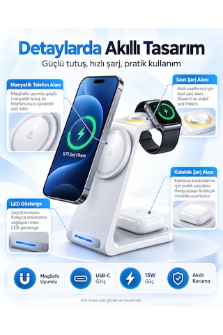 3 Ü 1 Arada Manyetik Kablosuz Şarj Standı 15w Hızlı Şarj, Telefon + Akıllı Saat + Kulaklık