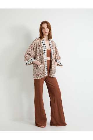 Koton Oversize Kimono Viskon Keten Karışımlı Yarım Kollu Cepli Kahverengi Desenli 4sak50025ew Kahverengi