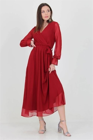 Dip Moda Kadın Kuşaklı Astarlı Uzun Şifon Elbise Dpnb003 Bordo