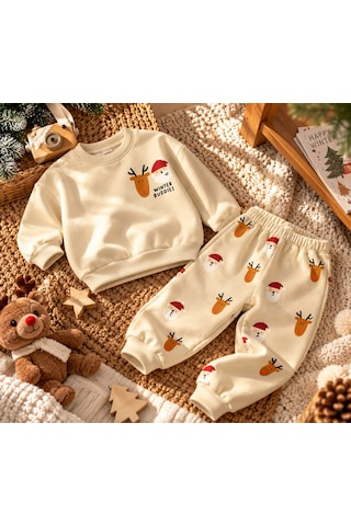 Lolliboomkids Krem Renk Winter Buddies Baskılı Alt Üst Takım Eşofman - Sweatshirt