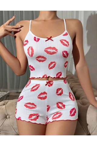 Motto10 Butik Kadın Beyaz Dudak Desenli Seksi Gecelik Takım 5021